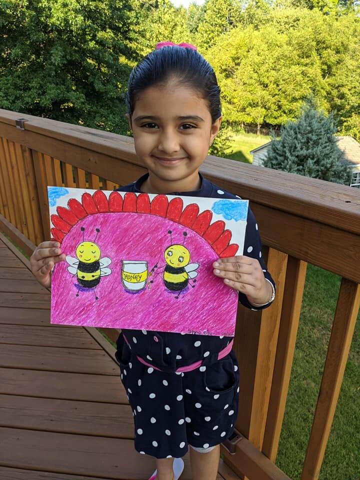 Happy Bees painting by Shreeja using Oil pastels at online art classes by Nimmy's Art