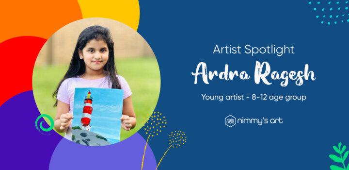 Ardra Ragesh featured as a young artist at Nimmy's Art class online art classes seen here with her light house work in acrylic