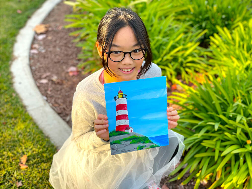 Acrylic painting of a lighthouse completed in one of Nimmy's Art Online classes at Katy, Texas