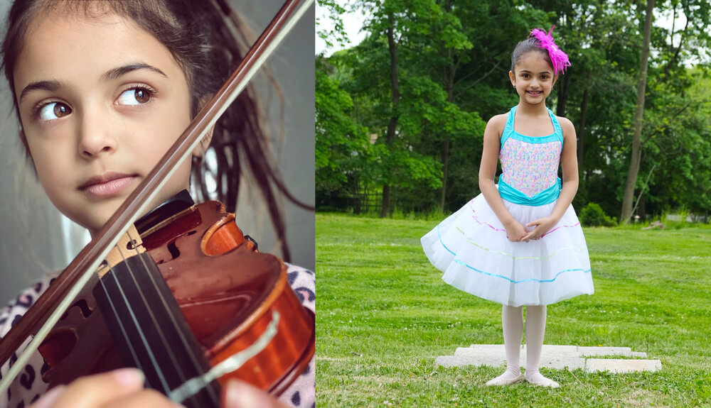 Anika playing teh violin and in her ballet costume.