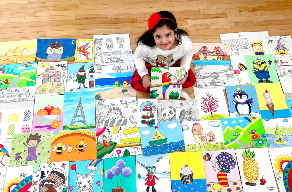 All artworks in multiple mediums by a student at Nimmy's Art online art classes for kids