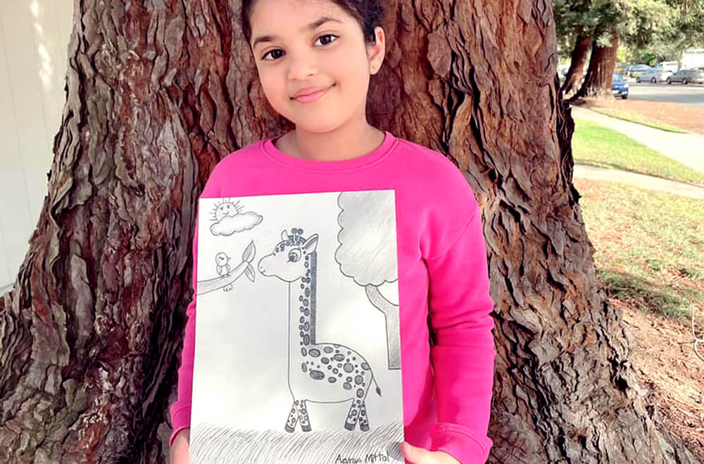 Cute giraffe in pencil drawing and shading medium by Aanya in online art classes by Nimmy's Art, Katy, Texas