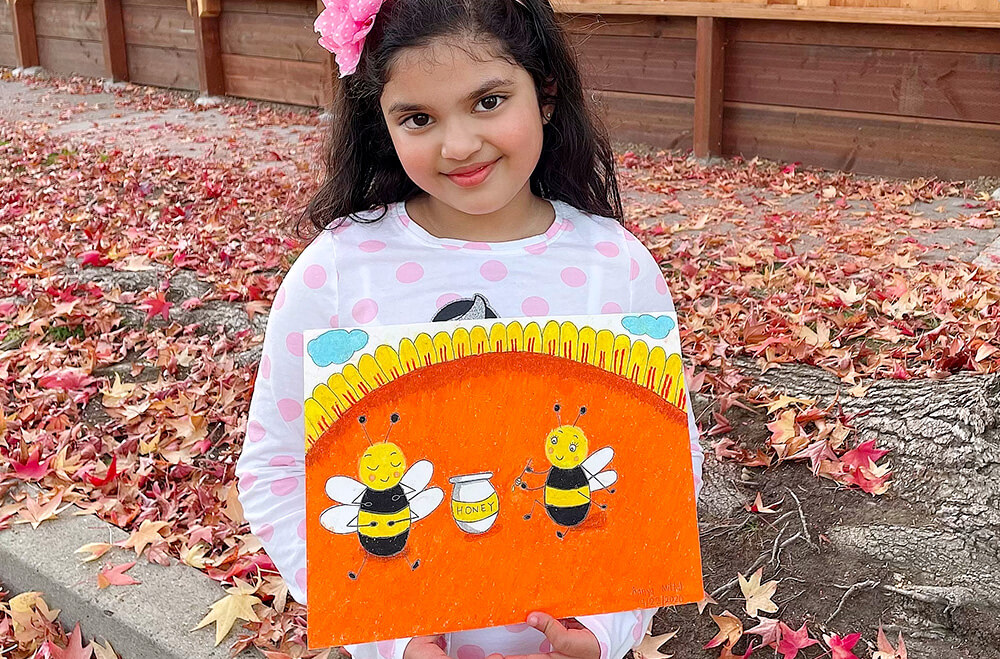 Happy bees in oil pastels medium by Aanya in online art classes by Nimmy's Art, Katy, Texas