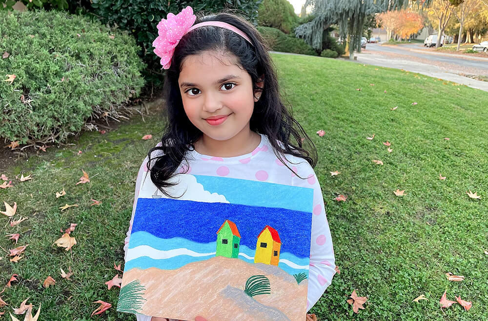 The beach house in oil pastels medium by Aanya in online art classes by Nimmy's Art, Katy, Texas