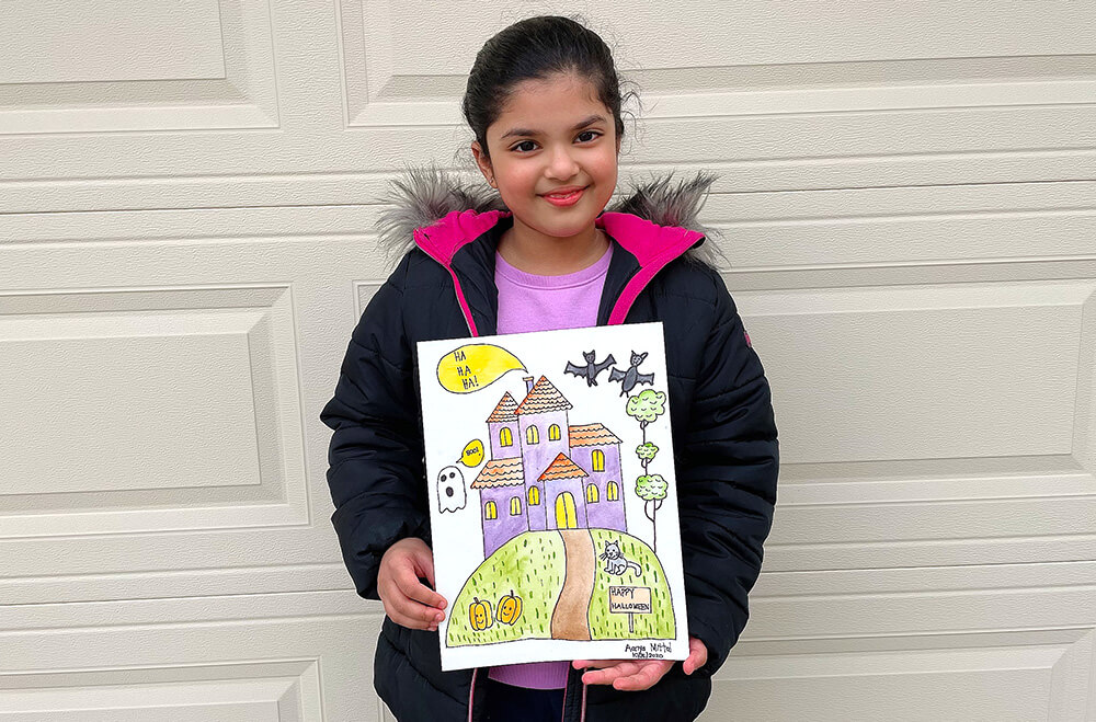 Halloween castle in watercolor medium by Aanya in online art classes by Nimmy's Art, Katy, Texas