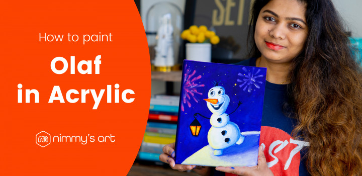 Nimmy holding the Olaf painting in acrylic done at our free art class in January 2021