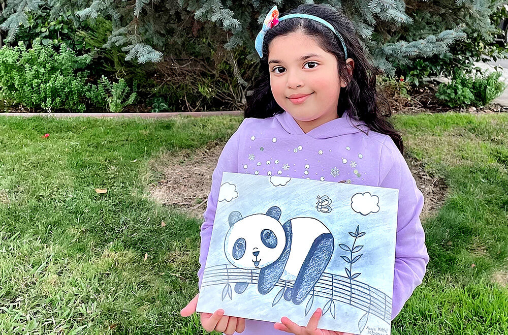 Cute panda in pendil drawing and shading medium by Aanya in online art classes by Nimmy's Art, Katy, Texas