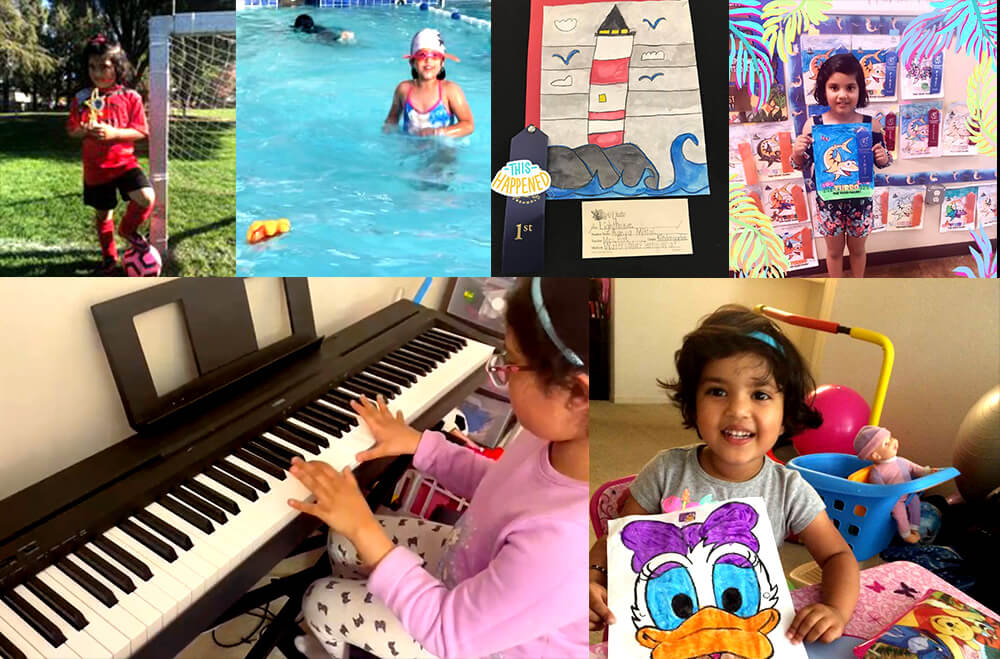 Aanya on her piano, swimming in the pool, and with her early years artworks.