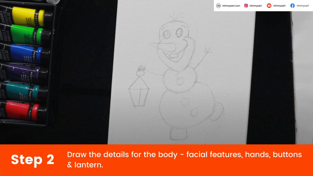 Draw the eyes, mouth, nose, buttons, hair, hands and the lantern.