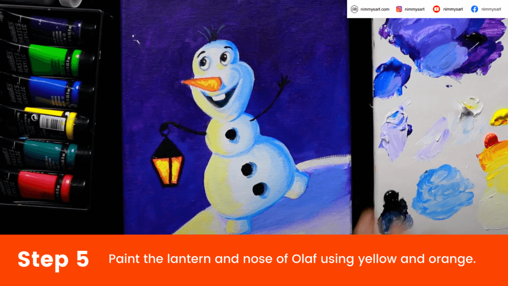 Paint the lantern, Olaf's nose and the yellow light falling on Olaf's body and land.