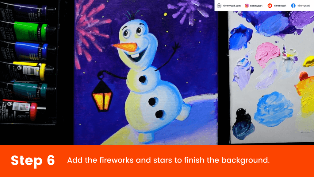 Add the fireworks using small dots of paint and brush them to the center using your finger. Add small dots for stars.