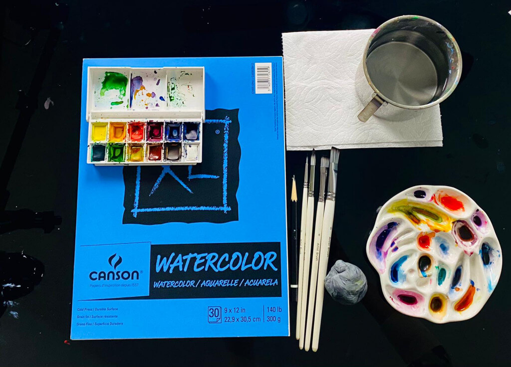 Materials required for watercolor in Nimmy's Art online art classes - Canson watercolor book, Winsor & Newton Paint set and brushes