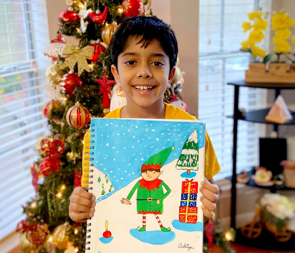 Elf in acrylic painting by Aditya Chanda in Nimmy's Art FREE Holiday Art Workshop in Katy, Texas