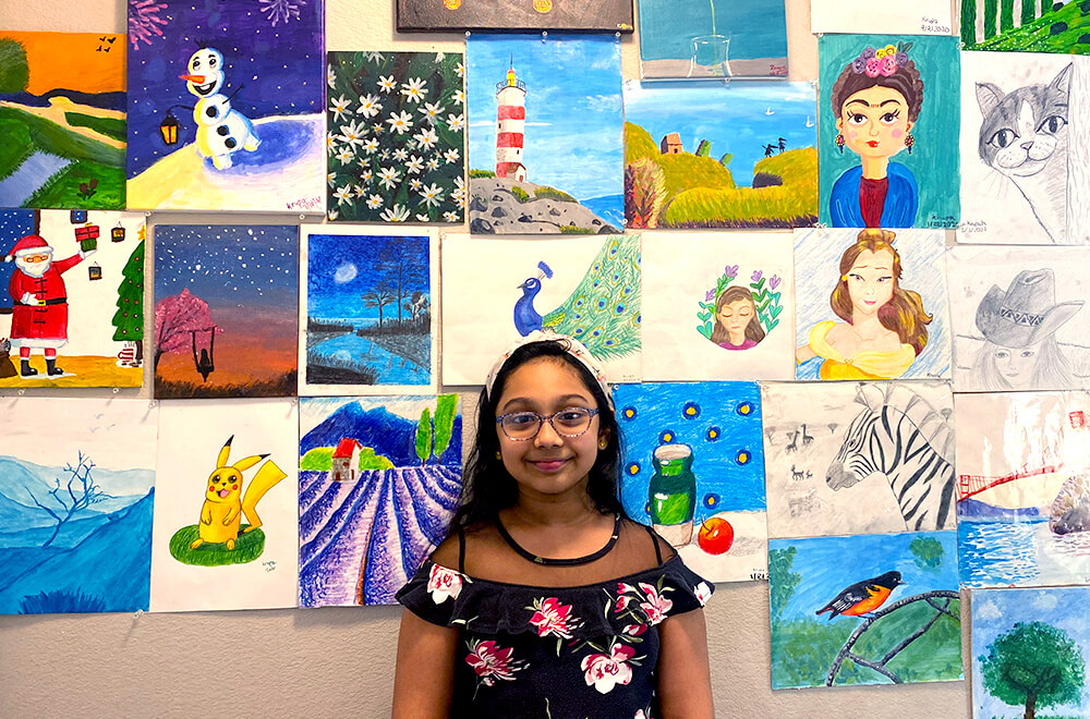 Artworks by Krupa in multiple mediums completed at Nimmy's Art online art classes in Katy, Texas.