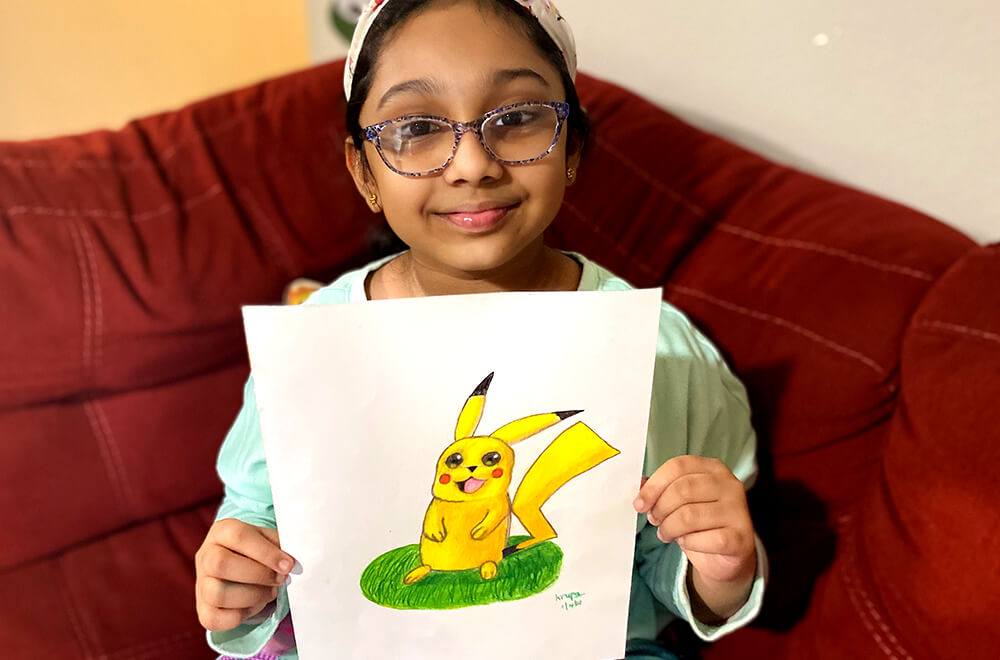 Pikachu in Prisma colors for kids completed at Nimmy's Art online art classes in Katy, Texas.