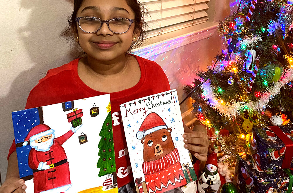 Christmas special cards in acrylic painting completed at Nimmy's Art online art camp in Katy, Texas.