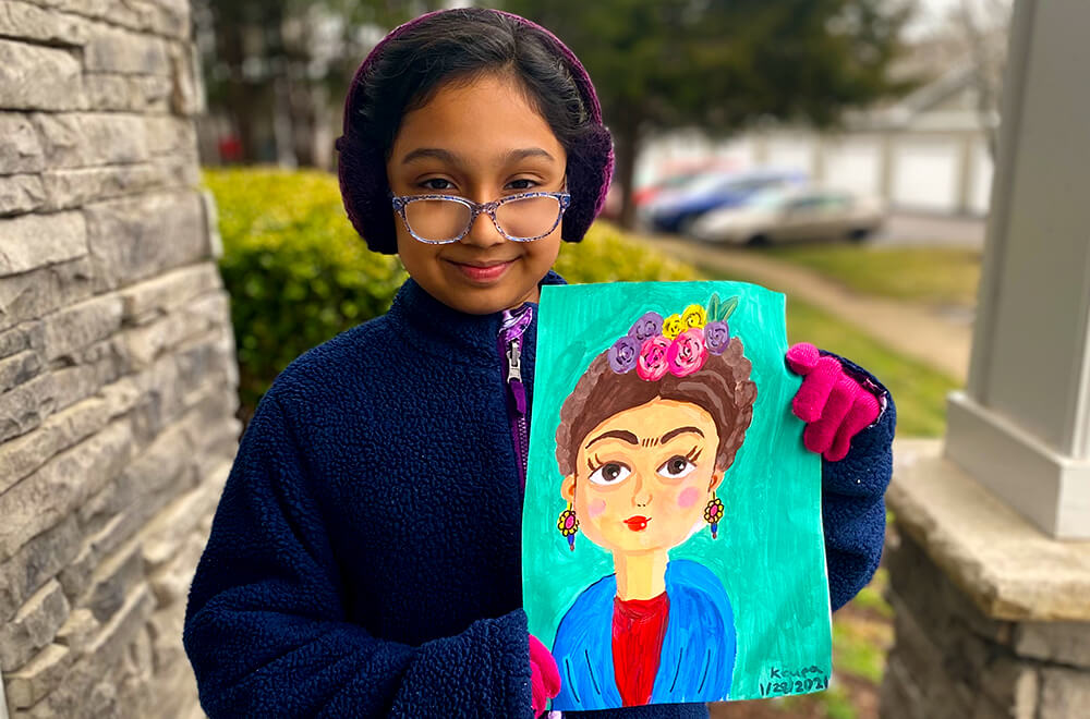 Frida Kahlo portrait painting in acrylic for kids completed at Nimmy's Art online art classes in Katy, Texas.