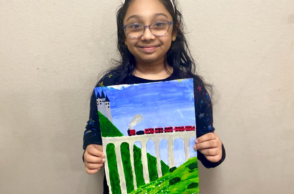 An acrylic painting adaptation of Hogwarts Express in acrylic for kids completed at Nimmy's Art online art classes in Katy, Texas.