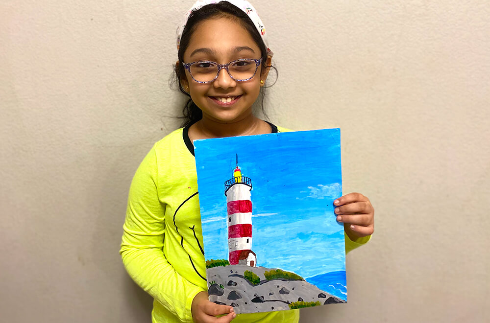 The lighthouse painting in acrylic for kids completed at Nimmy's Art online art classes in Katy, Texas.