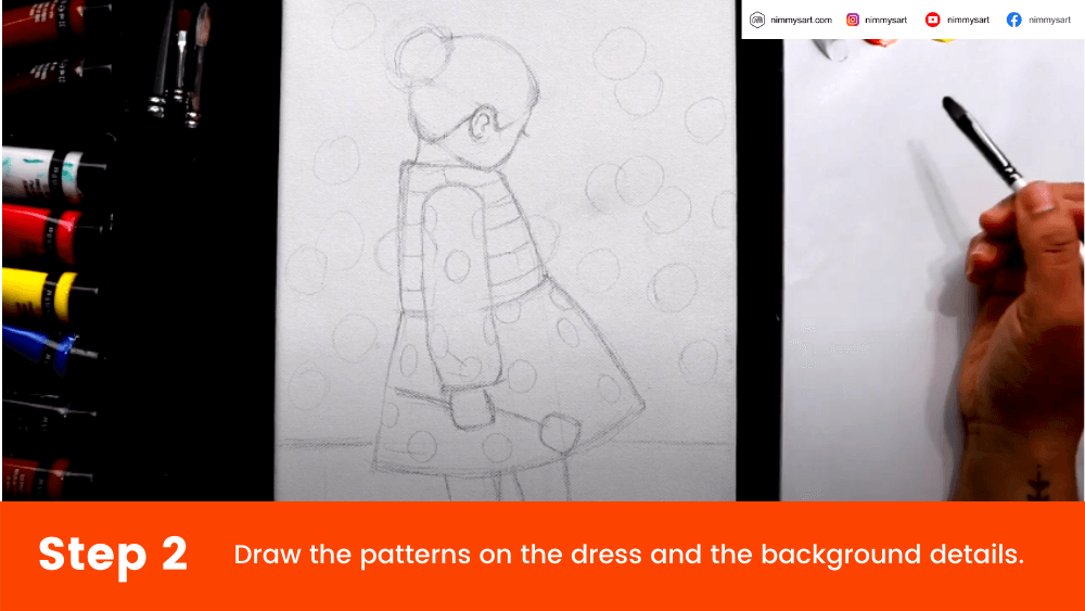 Step 2 - Sketch the flowers in the background for the Valentine's day painting of a girl in the garden