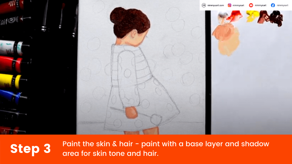 Acrylic painting tutorial step 3 with teh girl's hair and skin painted with base layers.