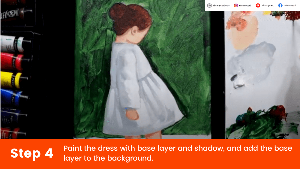 Acrylic painting tutorial step 4 of Valentine's day painting with the base layer for background painted in green and the base layers for dress in white and grey.