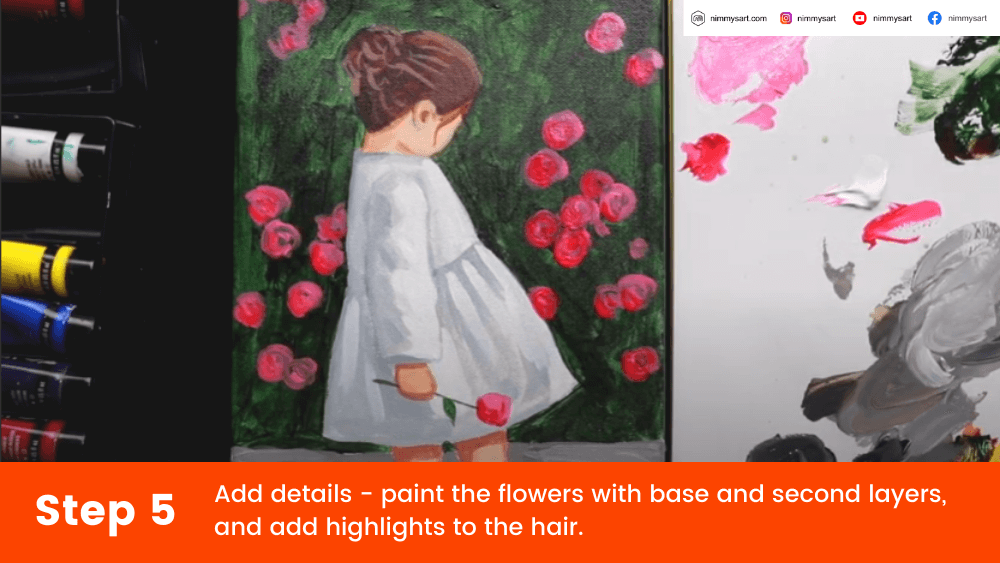 Last step of the Valentine's day painting with the flowers in the background completed and the hair highlights added using acrylic painting.