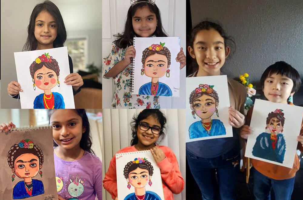 Frida Kahlo portraits created in acrylic by some students at Nimmy's Art online art classes at Katy, Texas