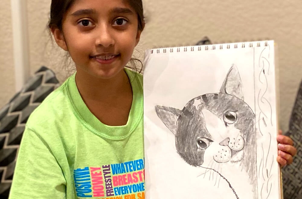 Pencil sketching and shading of a cat by Prisha completed at the online art classes by Nimmy's Art in Katy, Texas