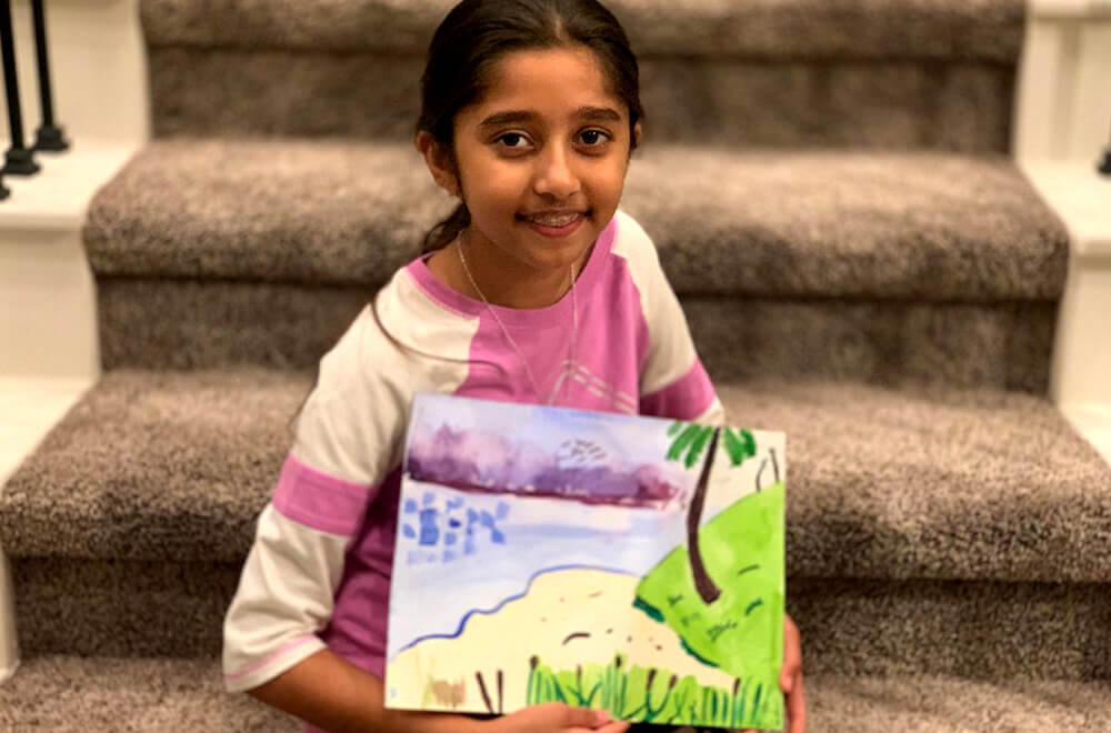 Landscape painting in watercolors by Prisha completed at the online art classes by Nimmy's Art in Katy, Texas