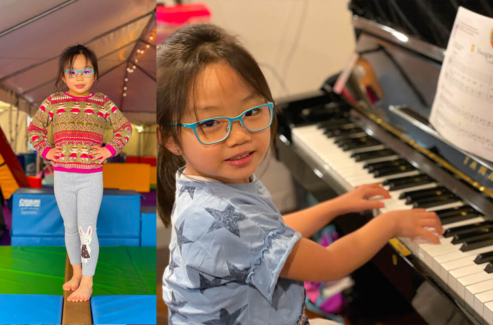 Zoe ready for gymnastics in the left photo and playing the piano on the photo on the right