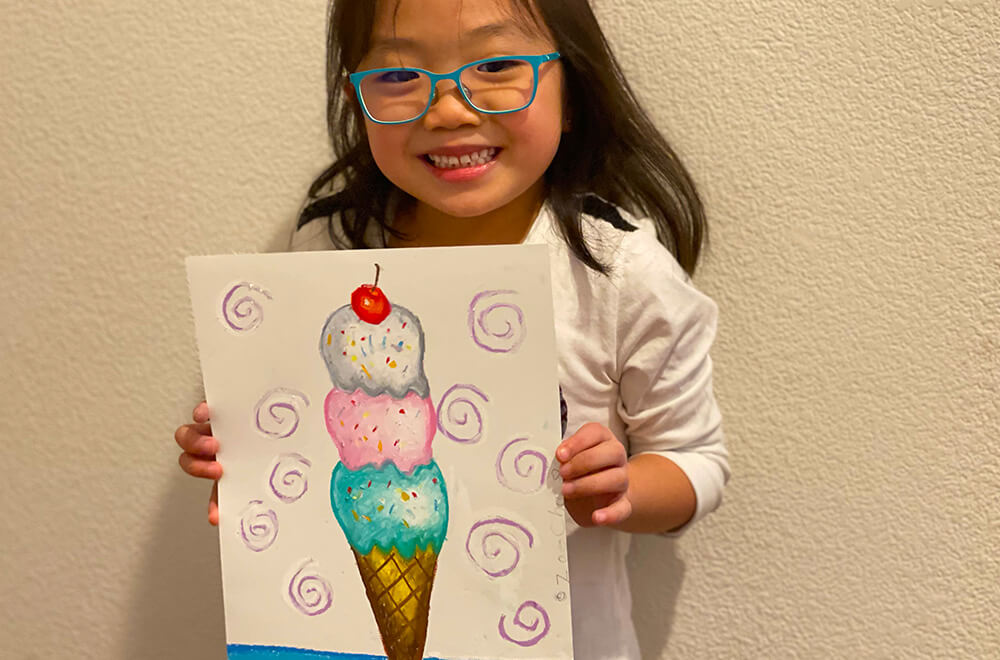 Icecream in oil pastels by Zoe at the online art classes by Nimmy's Art located at Katy, Texas