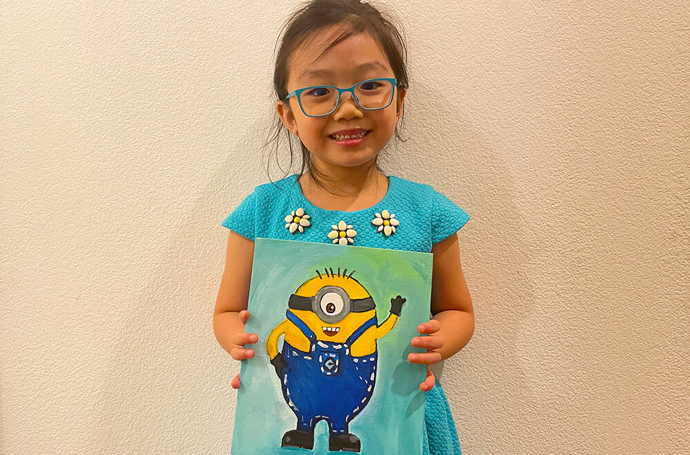 Minion in acrylics by Zoe at the online art classes by Nimmy's Art located at Katy, Texas