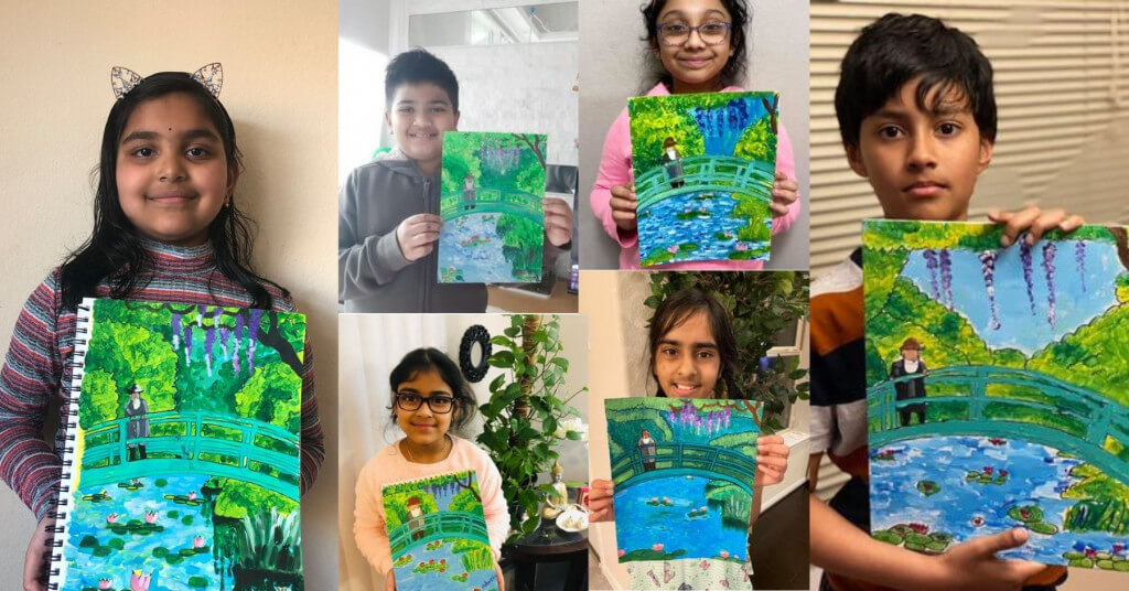 The Japanese Footbridge landscape painting by Claude Monet completed by students of NImmy's Art in the online art classes for kids in Katy, Texas