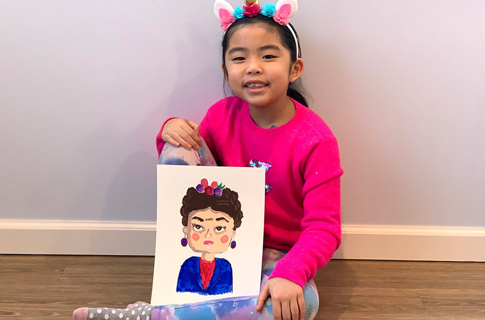 Frida Kahlo Portrait painting for kids in acrylic, completed in the online art classes at Nimmy's Art, Katy, Texas