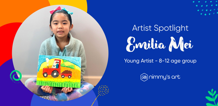 Cover image of Emilia with her oil pastel artwork completed at Nimmy's Art online art classes