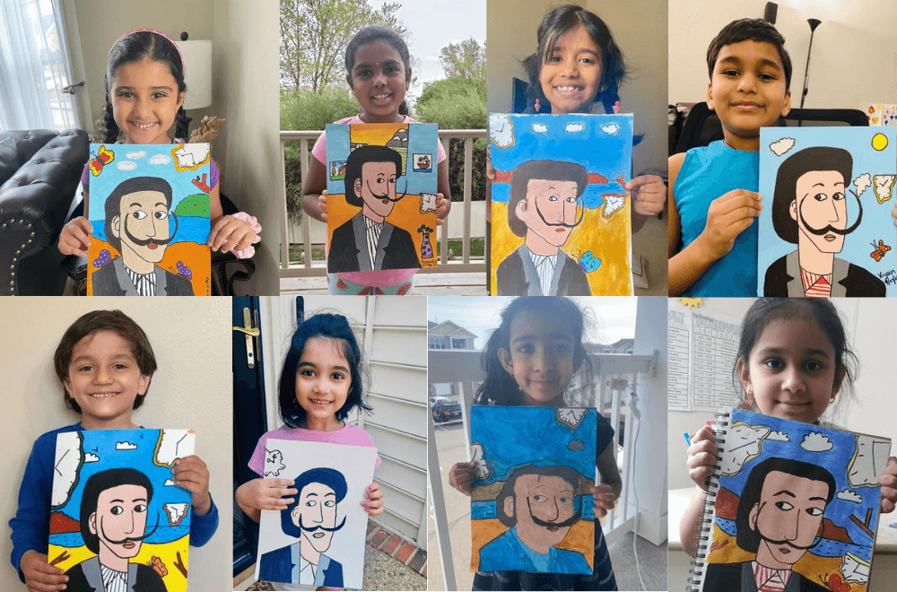 Portrait of Salvador Dali by 5 - 7 years old students at Nimmy's Art online art classes