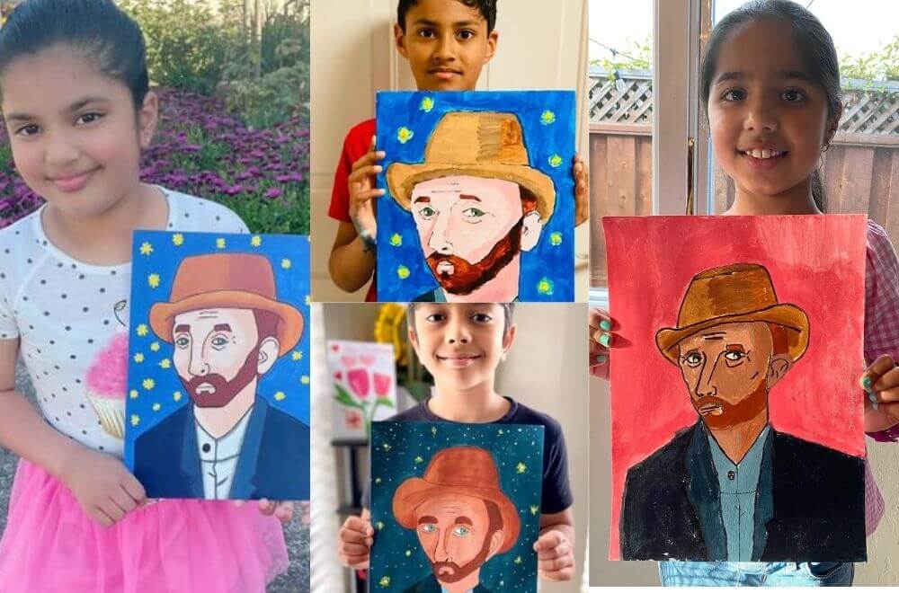 Students at Nimmy's Art with their portrait painting of Vincent van Gogh in acrylic medium.