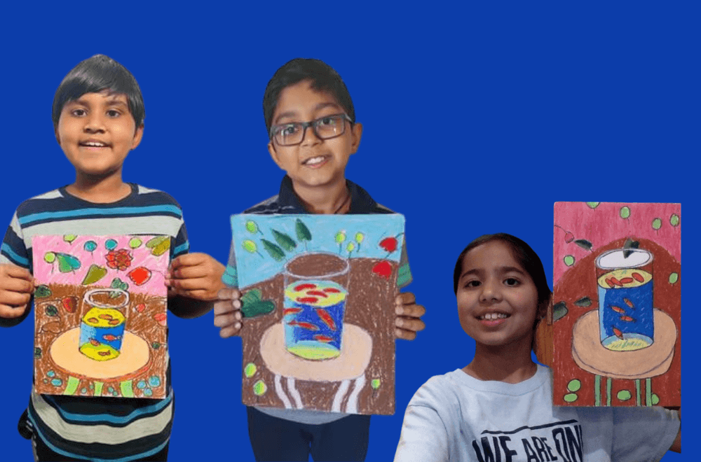 Artwork by students - Henri Matisse's goldfish in oil pastels at online art classes by Nimmy's Art