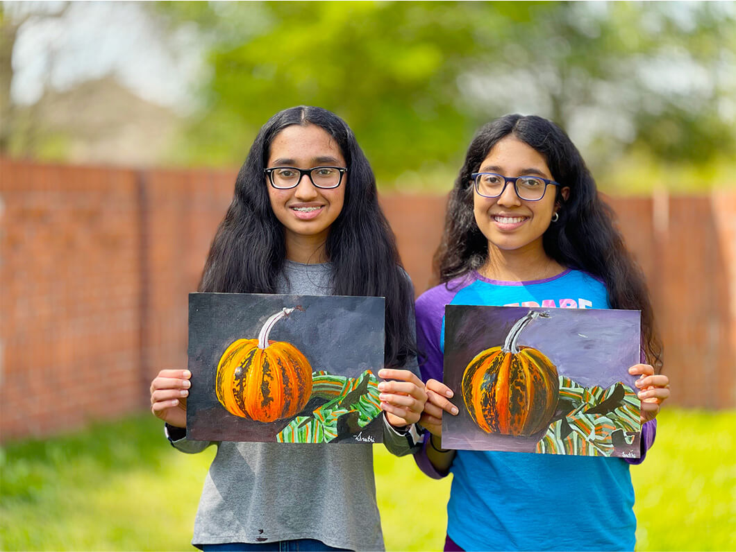 Still life painting of pumpkins completed during Halloween season at Nimmy's Art online art classes