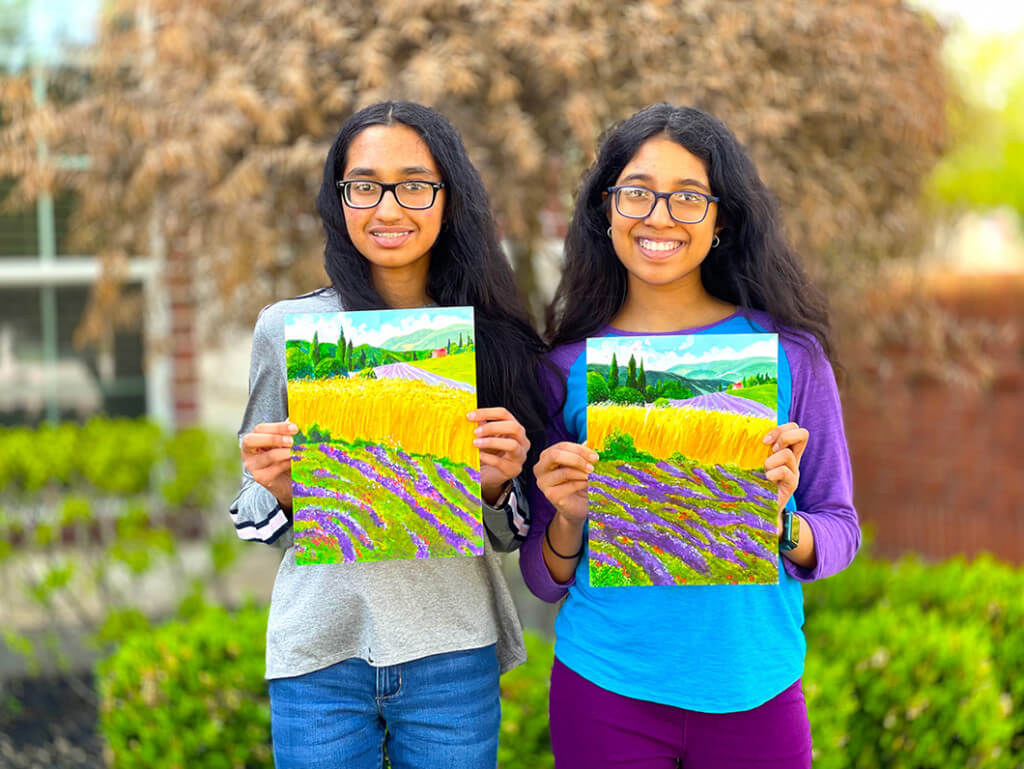 Lavender fields in acrylic painting by Sruthi and Smithi completed at Nimmy's online art classes in Texas