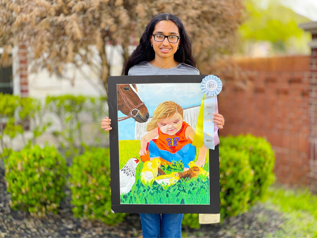 A kid in the garden of a farmhouse acrylic painting by Sruthi at Nimmy's Art online art lessons in Texas