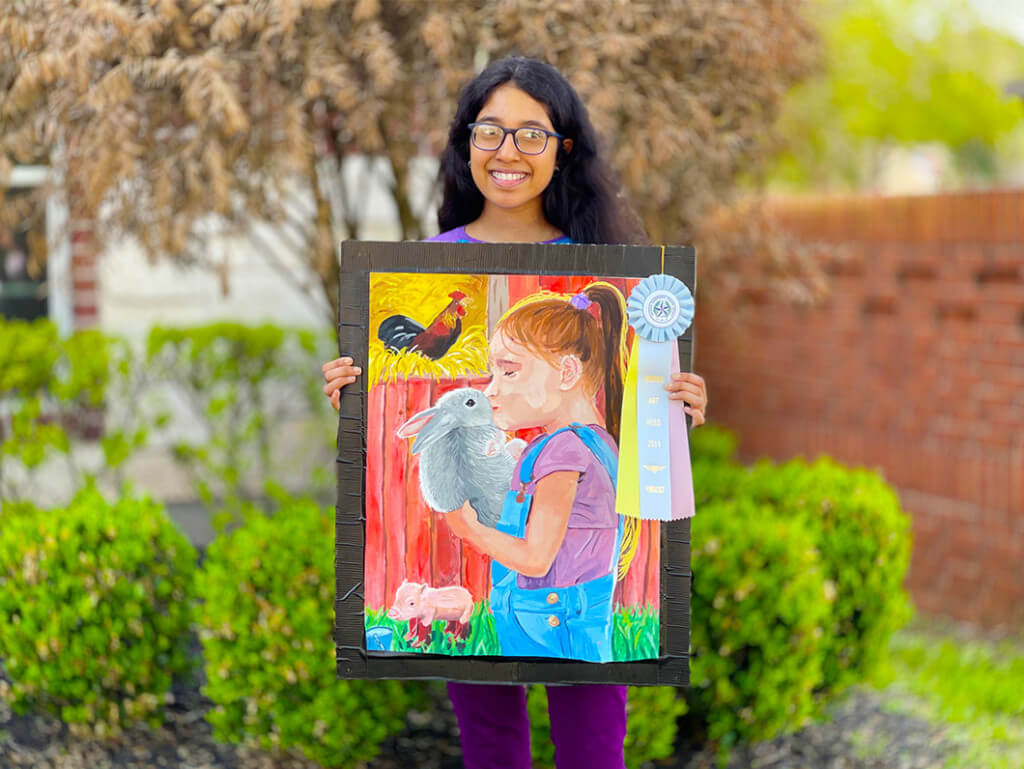 A kid with a bunny and chicken in this acrylic painting by Smithi at Nimmy's Art online art lessons in Texas