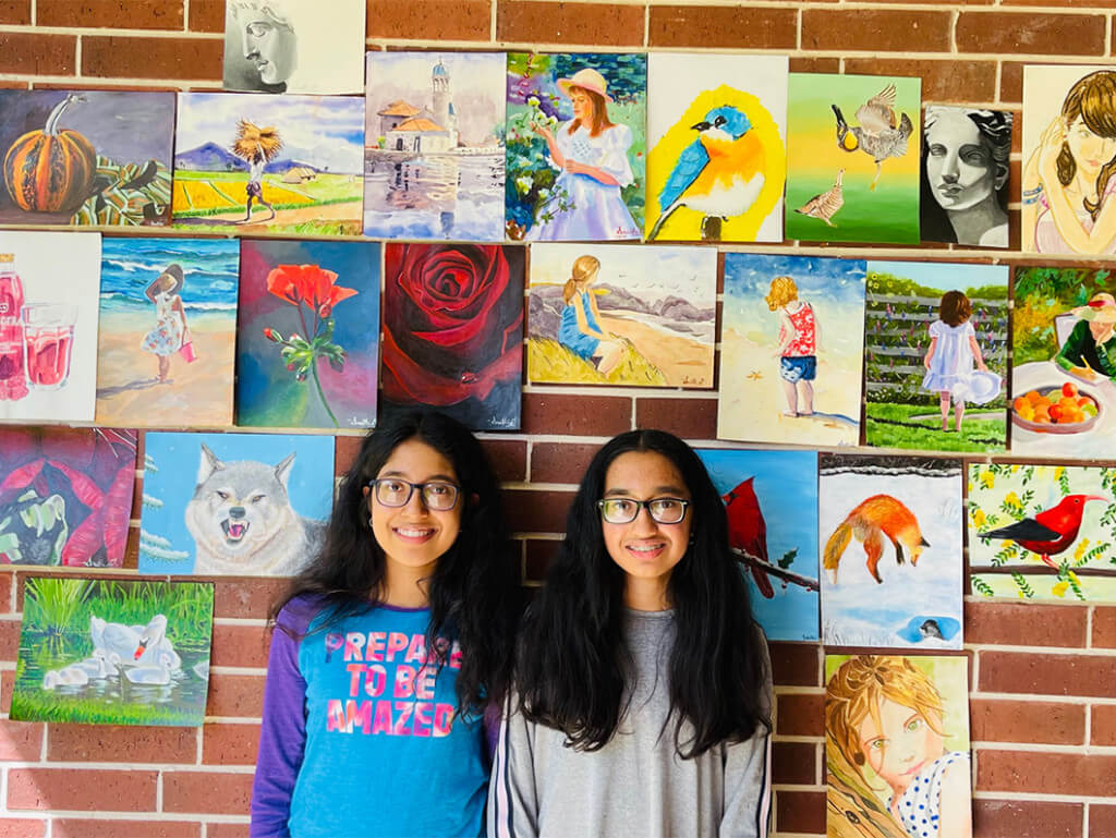 All artworks by Smithi and Sruthi in multiple mediums that they created while learning art at Nimmy's Art, Katy, Texas