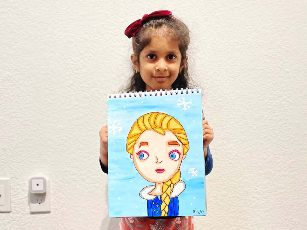Niveditha's favorite Elsa painting completed in acrylic in NImmy's online art classes