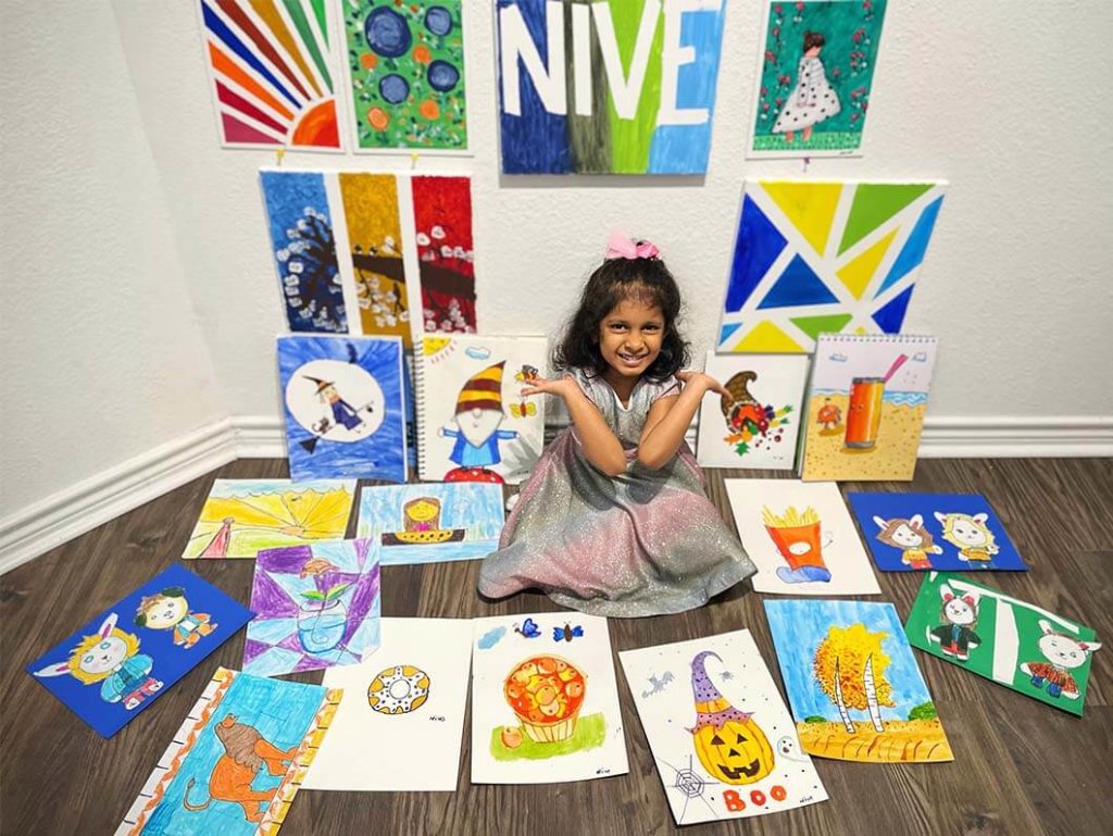 Paintings completed by Niveditha in multiple mediums like acrylic, watercolor and oil pastels at the online art classes by Nimmy