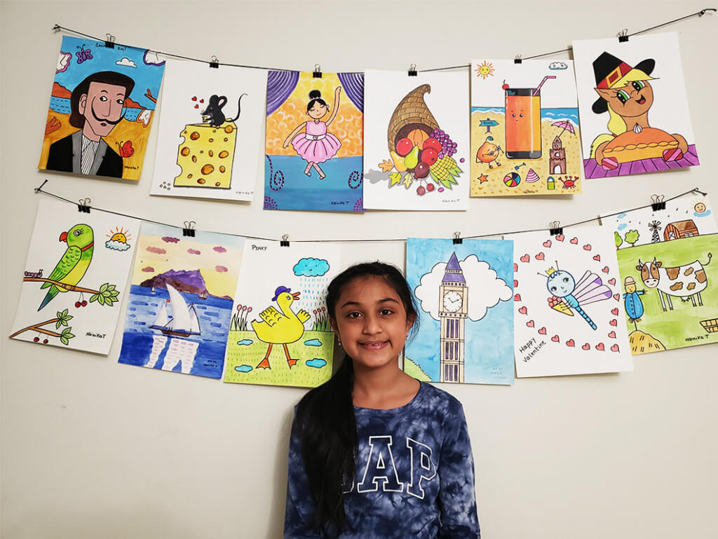Artworks by Nainika in multiple mediums completed at Nimmy's online art classes