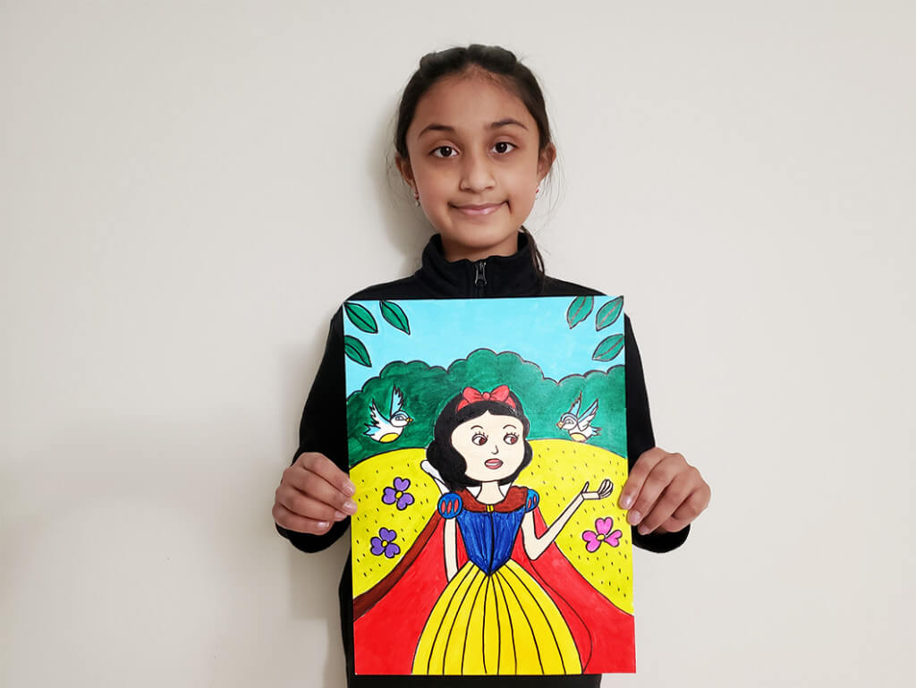 An all time favorite - Princess Snow White painting in acrylic completed at kids online art classes by Nimmy