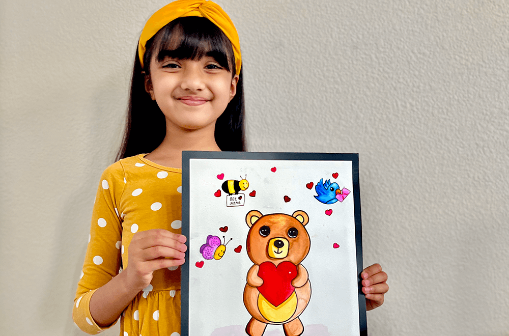 The valentine's Day teddy was a special painting completed at the online art classes for kids by Nimmy
