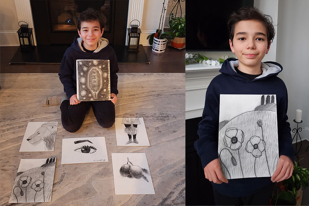 A collection of charcoal drawings created by a boy in Nimmy's Art classes.